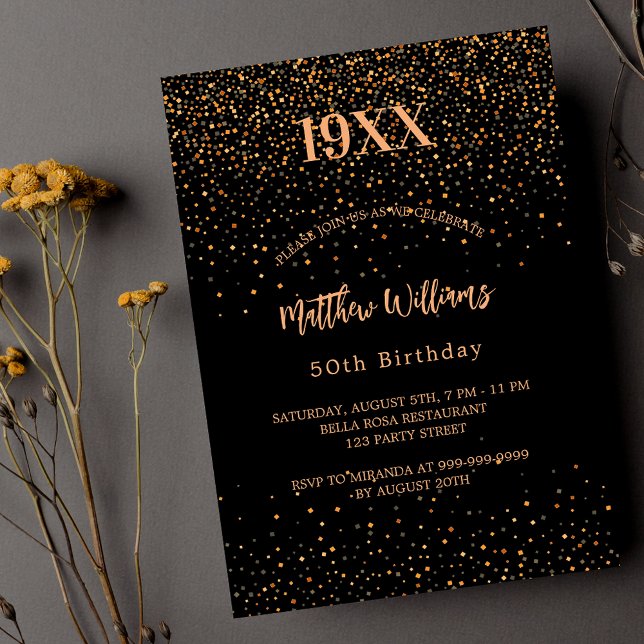 Birthday black gold confetti year birth invitation postcard (Creator Uploaded)