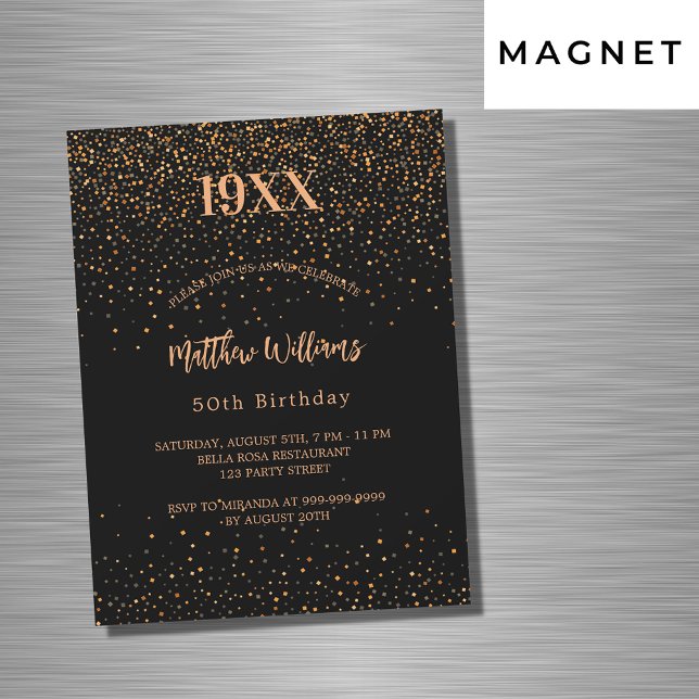 Birthday black gold confetti year birth luxury magnetic invitation (Creator Uploaded)
