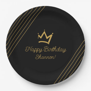 Birthday Black Gold Crown Paper Paper Plate