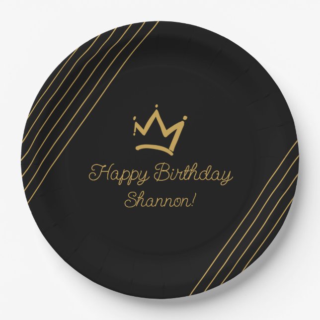 Birthday Black Gold Crown Paper Paper Plate (Front)