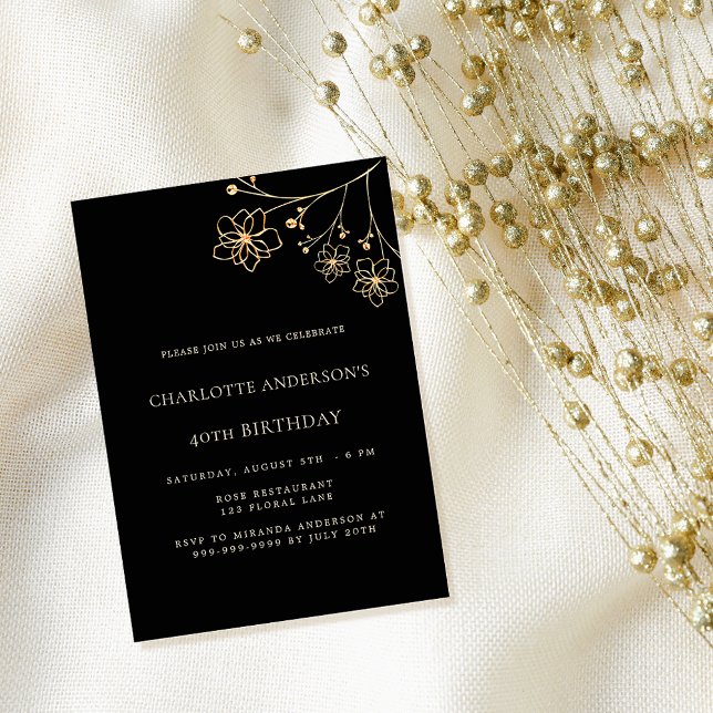 Birthday black gold floral minimalist luxury invitation (Creator Uploaded)