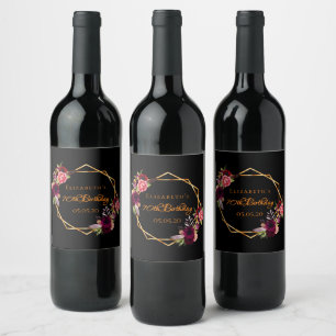 Birthday black gold geometric floral burgundy wine label