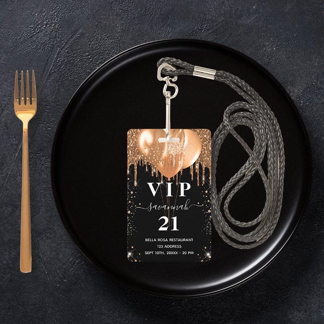 Birthday black gold glitter balloon vip invitation ID badge (Creator Uploaded)