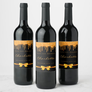 Birthday black gold glitter drip monogram name wine label