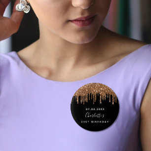 Birthday black gold glitter drips custom monogram  3 cm round badge