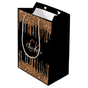 Birthday black gold glitter drips monogram luxury  medium gift bag