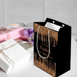 Birthday black gold glitter drips monogram luxury  medium gift bag