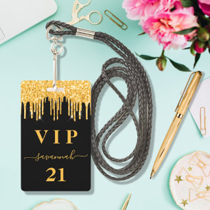 Birthday black gold glitter drips monogram vip ID badge