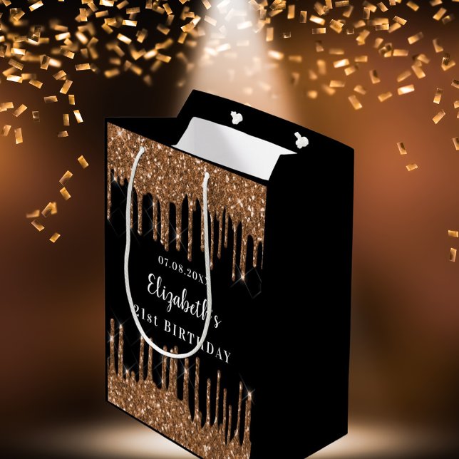 Birthday black gold glitter drips name glamourous medium gift bag (Creator Uploaded)