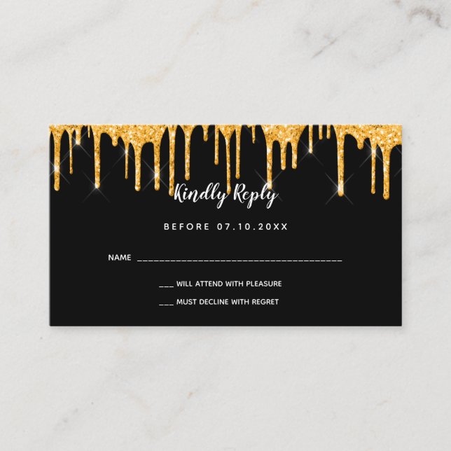 Birthday black gold glitter drips party RSVP Enclosure Card (Front)