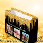 Birthday black gold glitter drips photo name large gift bag<br><div class="desc">For a 21st (or any age) birthday.  An elegant black background. With faux gold glitter drips,  paint dripping look.  Personalise and add 3 of your own photos,  a date,  name and age 50. The name is written wit a modern hand lettered style script.</div>