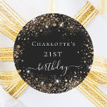 Birthday black gold glitter dust monogram name  classic round sticker<br><div class="desc">For an elegant 21st (or any age) birthday. A classic black background. Decorated with faux gold glitter dust. Personalise and add a name and age 21.</div>