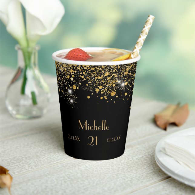 Birthday black gold glitter dust monogram paper cups (Insitu)