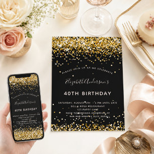 Birthday black gold glitter glamourous invitation