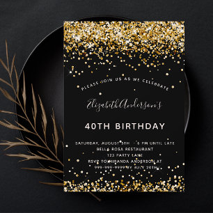 Birthday black gold glitter glamourous party invitation postcard