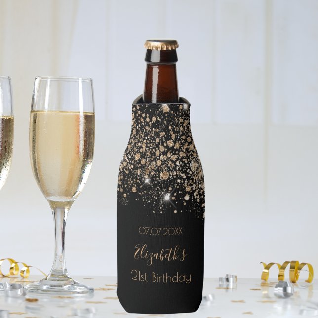 Birthday black gold glitter monogram chic bottle cooler (Creator Uploaded)