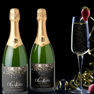 Birthday black gold glitter monogram initials sparkling wine label