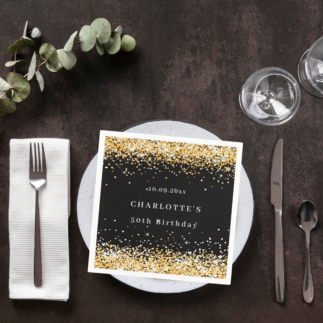 Birthday black gold glitter name elegant napkin (Creator Uploaded)