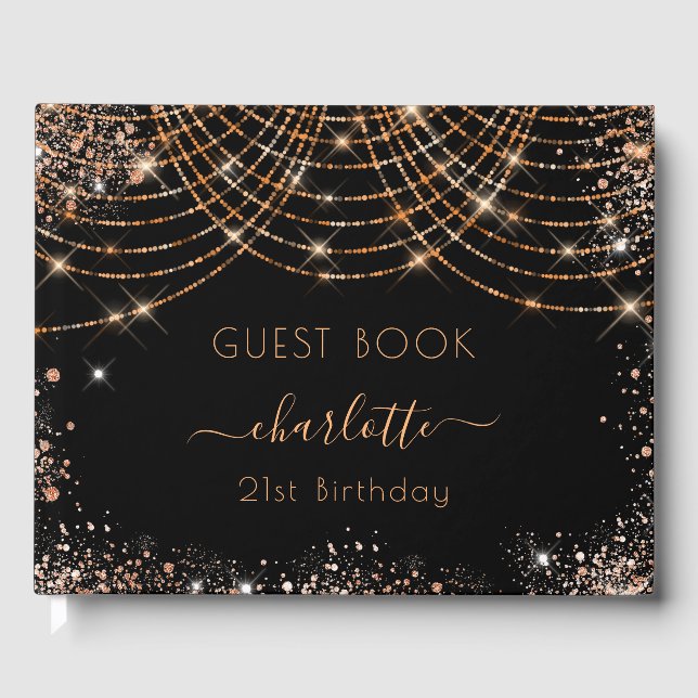 Birthday black gold glitter name guest book (Front)