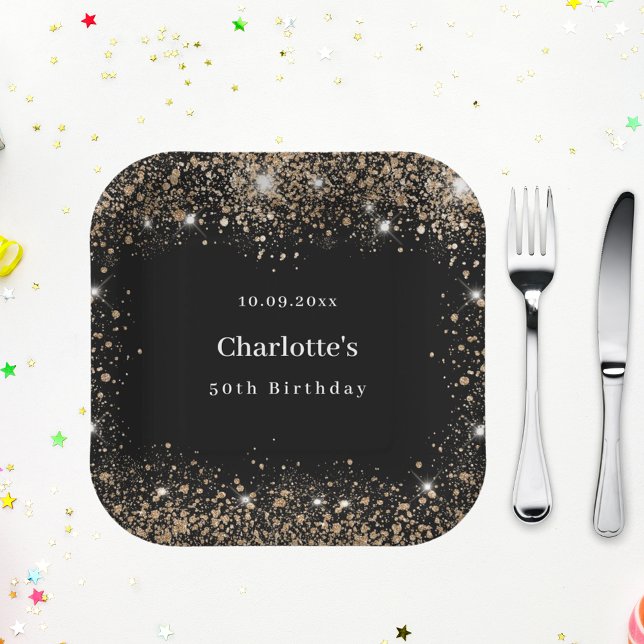 Birthday black gold glitter name paper plate (Creator Uploaded)