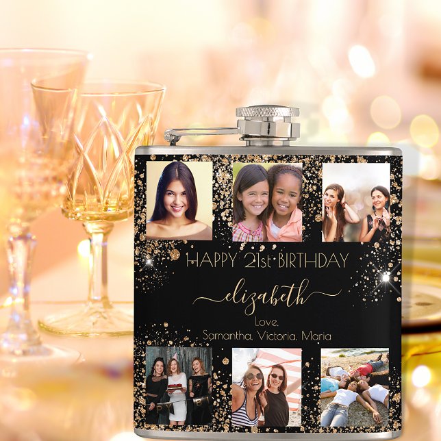 Birthday black gold glitter photo collage friends hip flask (Creator Uploaded)