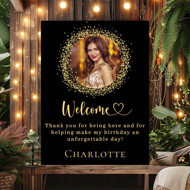 Birthday black gold glitter photo welcome poster (Creator Uploaded)
