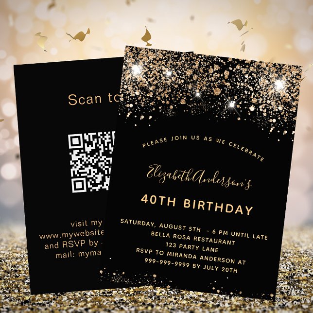 Birthday black gold glitter QR code RSVP Invitation (Creator Uploaded)