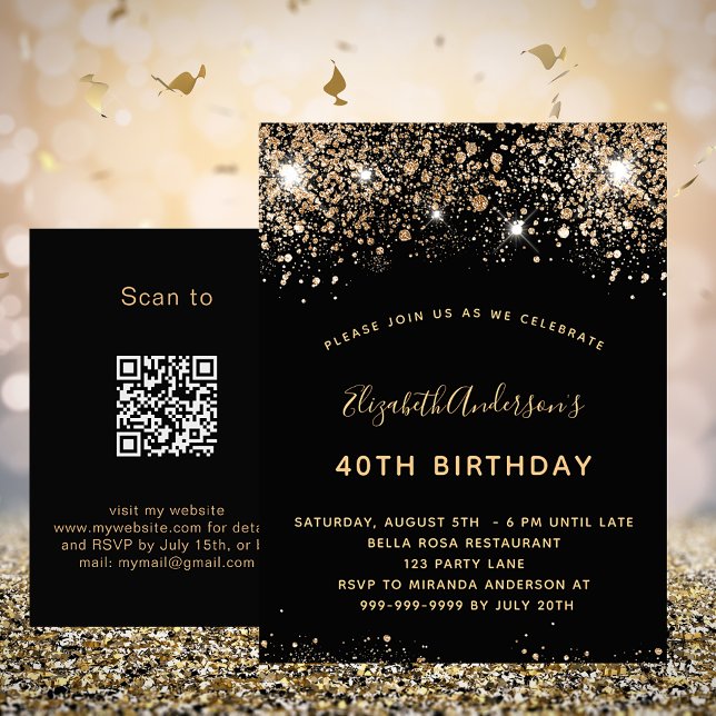 Birthday black gold glitter QR RSVP invitation Postcard (Creator Uploaded)