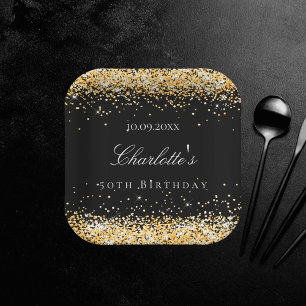 Birthday black gold glitter sparkles name elegant paper plate