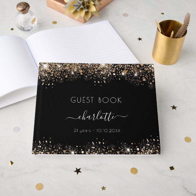 Birthday black gold glitter sparkles name guest book (Front Open)