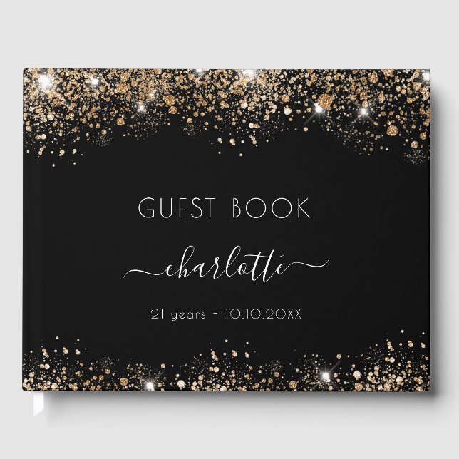 Birthday black gold glitter sparkles name guest book (Front)