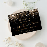 Birthday black gold glitter sparkles save the date<br><div class="desc">A girly and trendy Save the Date card for a birthday party. A black background decorated with faux gold glitter,  sparkles.  Personalise and add a date and name. Golden coloured letters.  The text: Save the Date is written with a large trendy hand lettered style script with swashes.</div>
