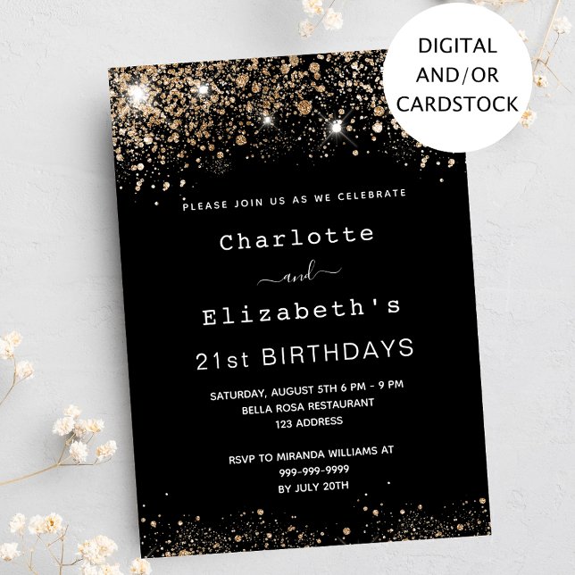 Birthday black gold glitter two persons friends invitation (Creator Uploaded)