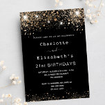 Birthday black gold glitter two persons friends invitation postcard<br><div class="desc">A modern,  stylish and glamourous invitation for two women's 21st birthday party (or any age)  A black background decorated with dark faux gold sparkles. Personalise and add names and party details. 
An invitation for two persons celebrating together,  twins,  sisters or friends.</div>