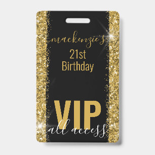 Birthday Black Gold Glitter VIP Party Invitation ID Badge