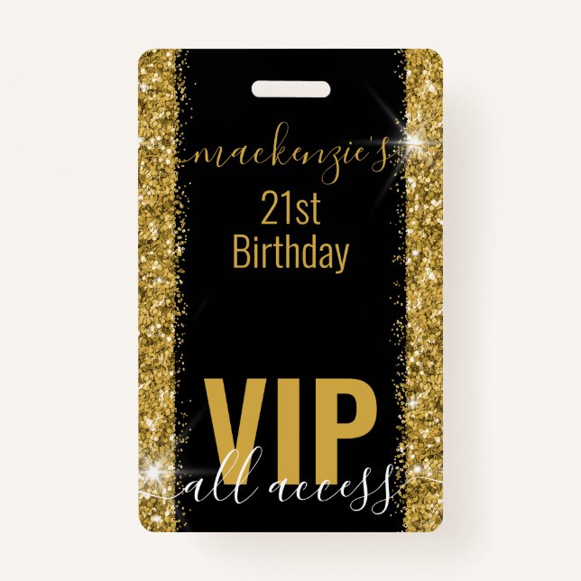 Birthday Black Gold Glitter VIP Party Invitation ID Badge (Front)