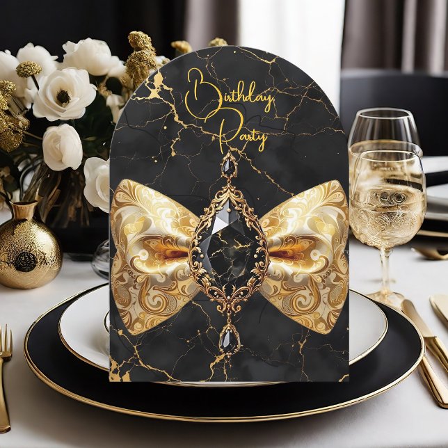 Birthday Black Gold Marble Jewel Paisley Bow Invitation (Creator Uploaded)