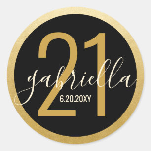 Birthday Black Gold Modern Name Date Custom Age Classic Round Sticker
