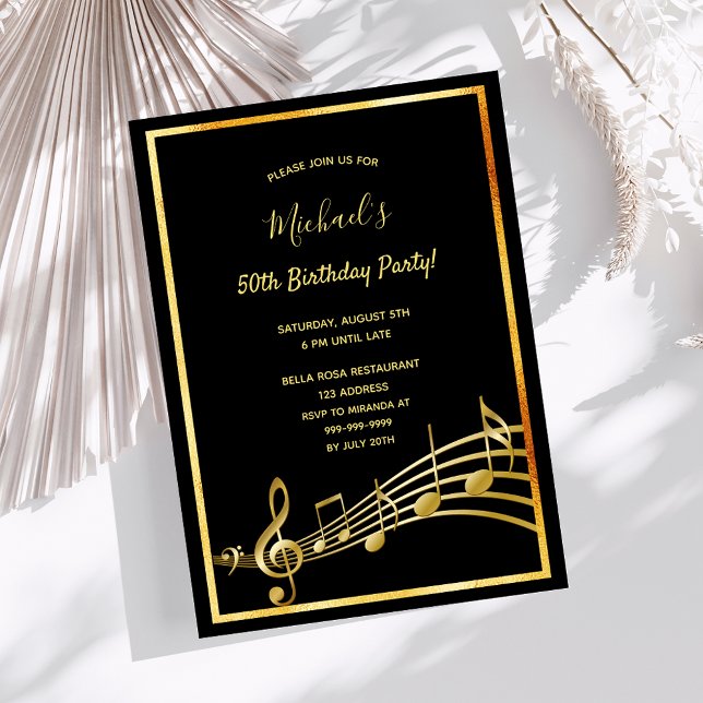 Birthday black gold music notes invitation (Creator Uploaded)