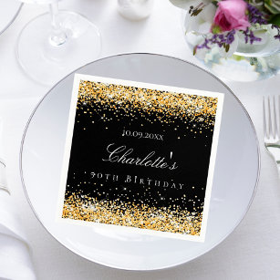 Birthday black gold name elegant napkin