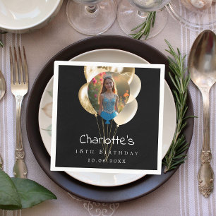 Birthday black gold photo balloons napkin