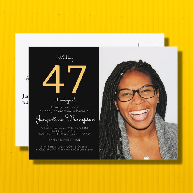 Birthday Black Gold Photo Invitation Postcard (Creator Uploaded)