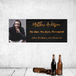 Birthday black gold photo man myth legend banner<br><div class="desc">A banner for a 40th (or any age) birthday party for guys. A classic black background. Personalise and add your own photo of the birthday boy/man. The text: The name is written with a modern hand lettered style script. Personalise and add a name, age 40 and a text. Text: The...</div>