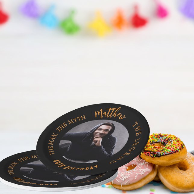 Birthday black gold photo man myth legend paper plate (Creator Uploaded)