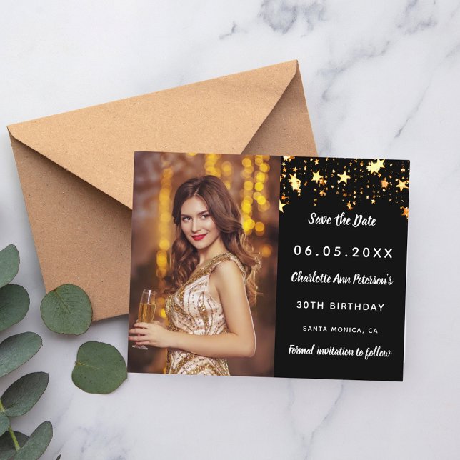 Birthday black gold photo stars Save the Date card (Creator Uploaded)