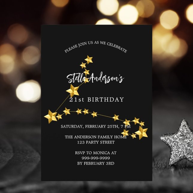 Birthday black gold Pisces star constellation Invitation (Creator Uploaded)