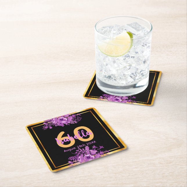 Birthday black gold purple florals name square paper coaster (Insitu)