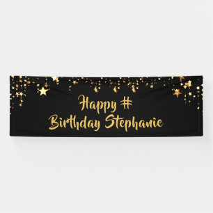 Birthday Black Gold Stars Brush Script Personalise Banner