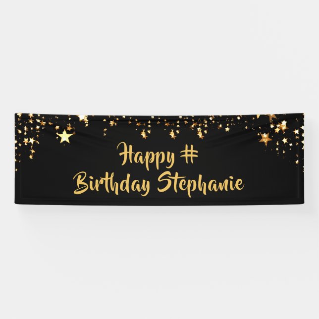 Birthday Black Gold Stars Brush Script Personalise Banner (Horizontal)