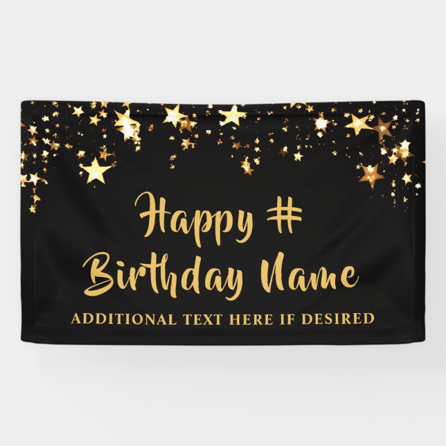 Birthday Black Gold Stars Brush Script Personalise Banner (Horizontal)